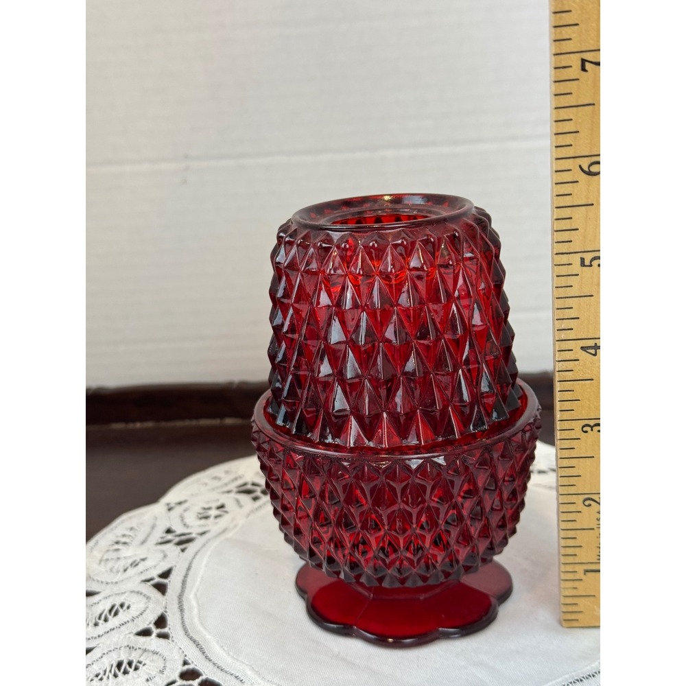 Vintage Indiana Glass Ruby Red Fairy Lamp Diamond Point Two Piece Candle Holder - Picture 4 of 10